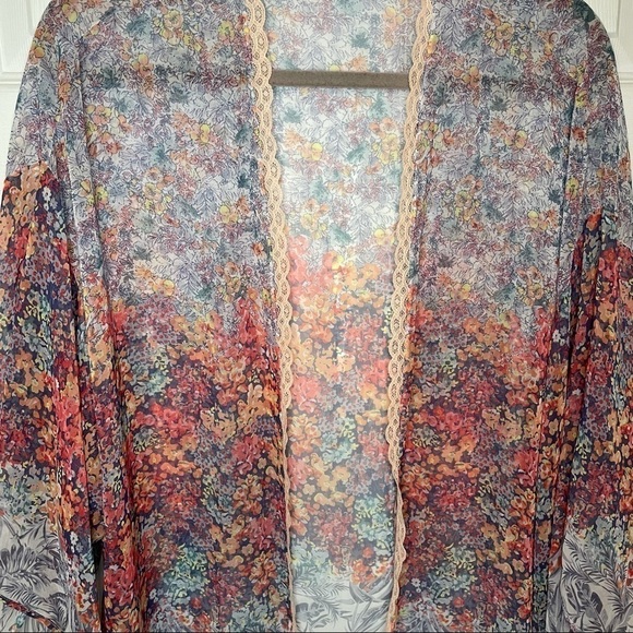 VICTORIA’S Secret Floral Blue & Pink Long open Robe Kimono M/L - Picture 3 of 7